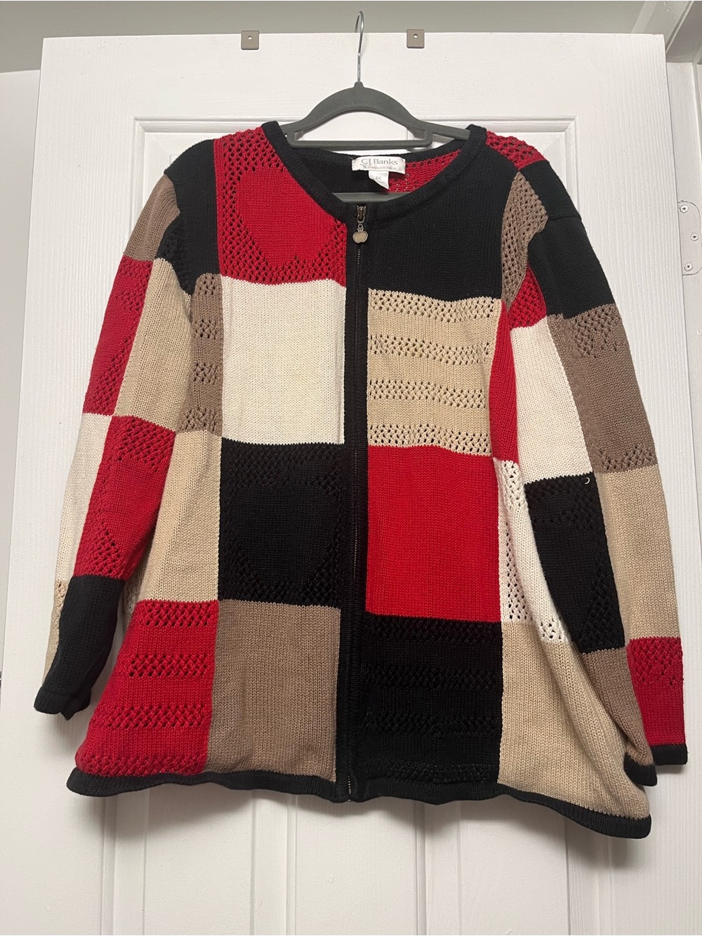 CJ Banks Red Black Cream Patchwork Zip Cardigan